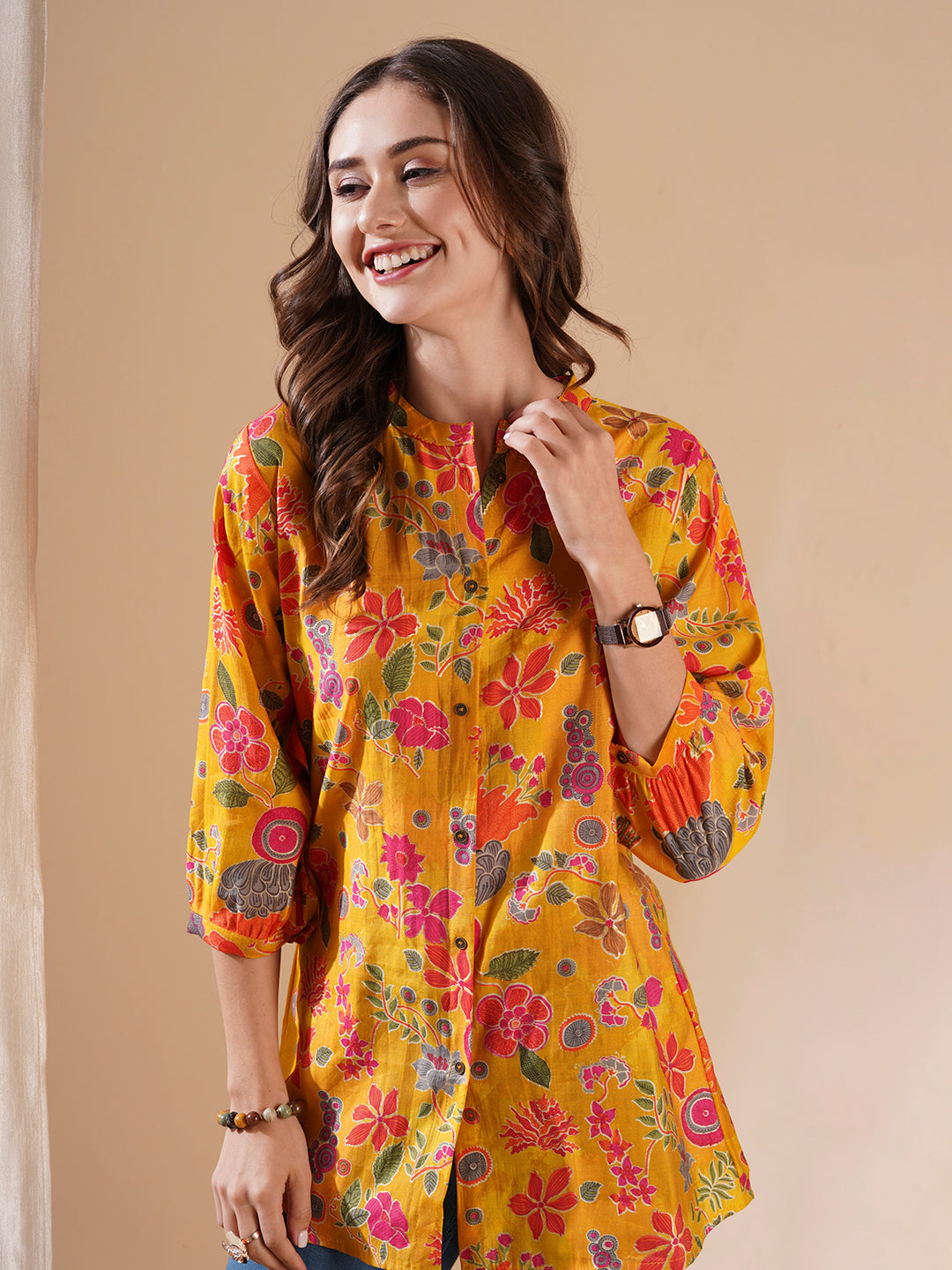 Floral Foil Printed Buttoned A-line Short Kurti - Yellow