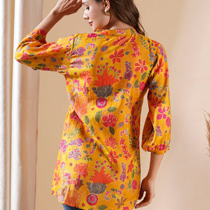 Floral Foil Printed Buttoned A-line Short Kurti - Yellow