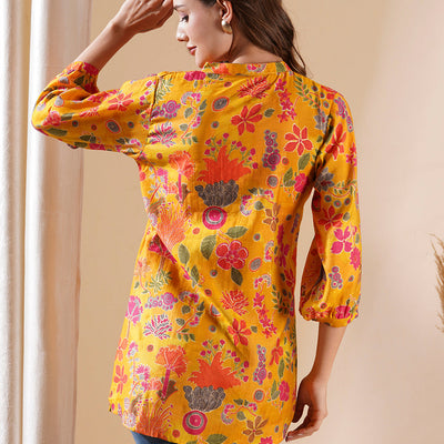 Floral Foil Printed Buttoned A-line Short Kurti - Yellow