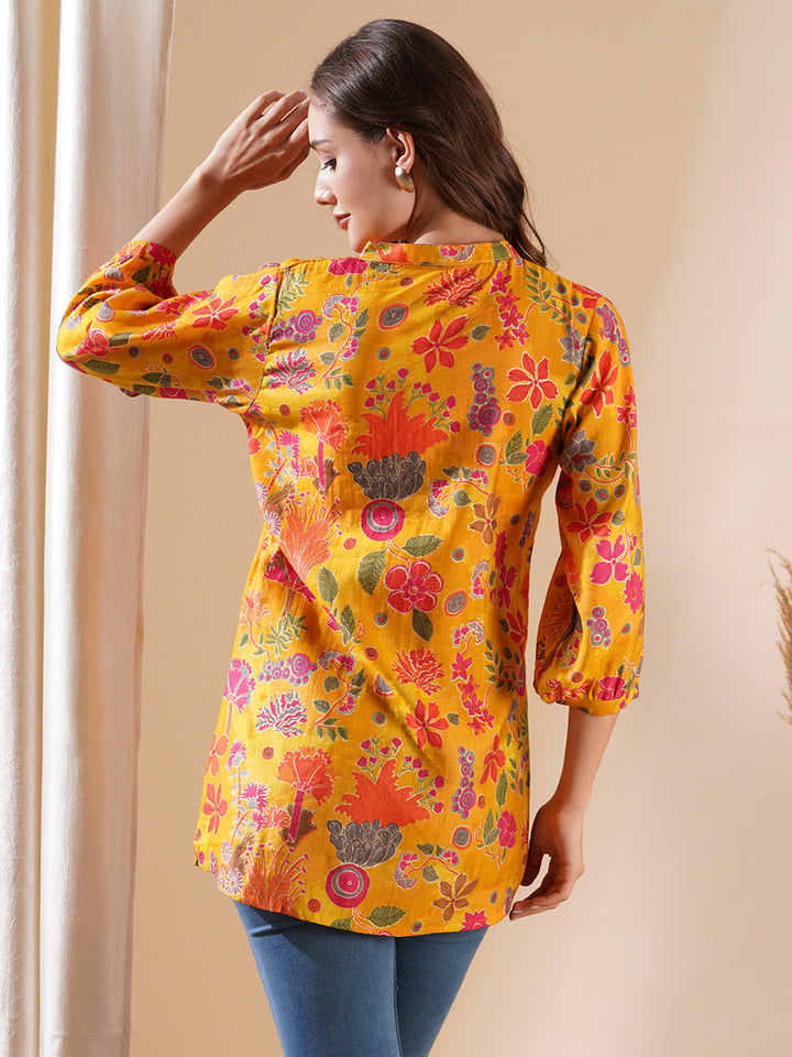 Floral Foil Printed Buttoned A-line Short Kurti - Yellow