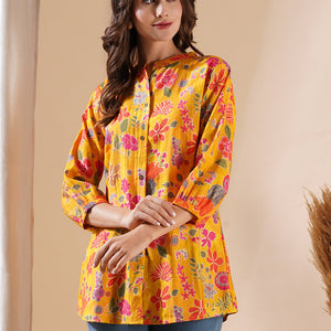 Floral Foil Printed Buttoned A-line Short Kurti - Yellow