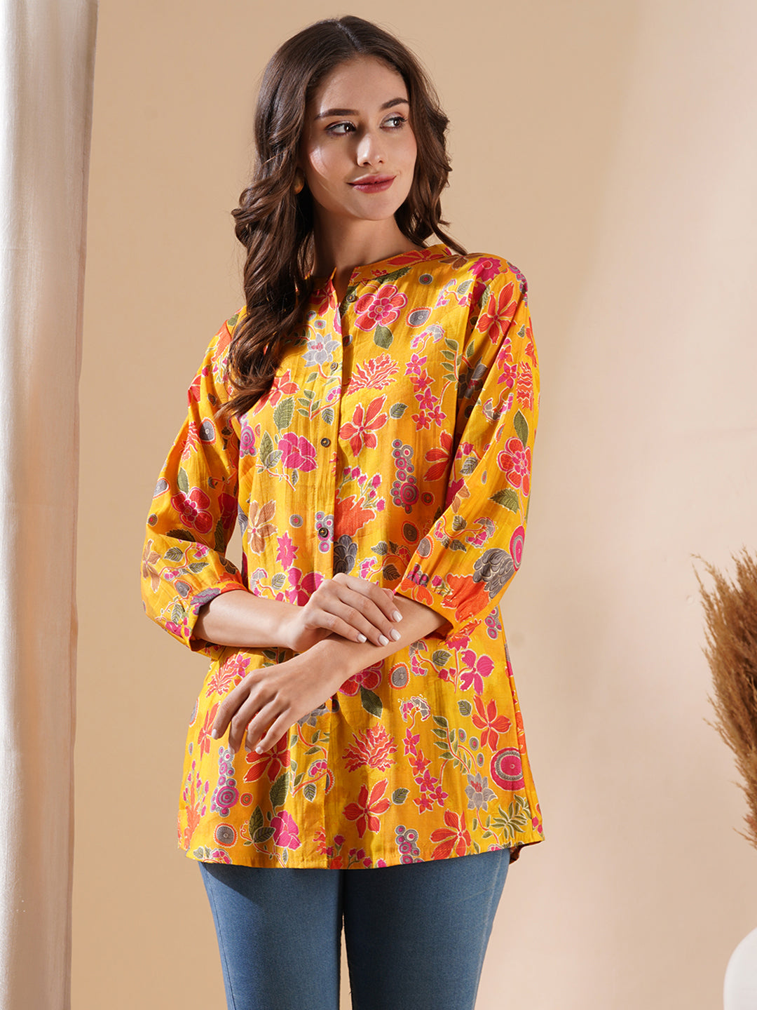 Floral Foil Printed Buttoned A-line Short Kurti - Yellow