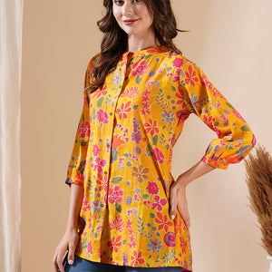 Floral Foil Printed Buttoned A-line Short Kurti - Yellow