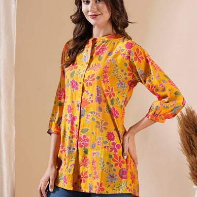 Floral Foil Printed Buttoned A-line Short Kurti - Yellow