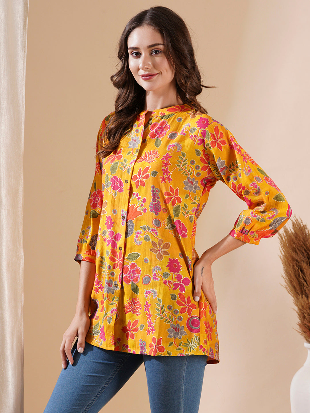 Floral Foil Printed Buttoned A-line Short Kurti - Yellow