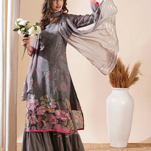 Ethnic Printed Cutdana & Sequins Embroidered Kurta with Sharara & Dupatta - Grey