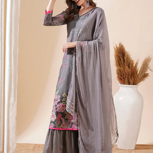 Ethnic Printed Cutdana & Sequins Embroidered Kurta with Sharara & Dupatta - Grey