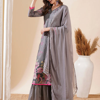 Ethnic Printed Cutdana & Sequins Embroidered Kurta with Sharara & Dupatta - Grey