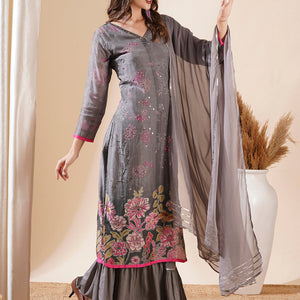Ethnic Printed Cutdana & Sequins Embroidered Kurta with Sharara & Dupatta - Grey