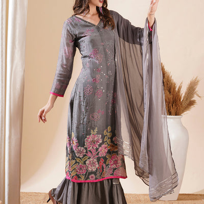Ethnic Printed Cutdana & Sequins Embroidered Kurta with Sharara & Dupatta - Grey