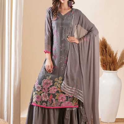 Ethnic Printed Cutdana & Sequins Embroidered Kurta with Sharara & Dupatta - Grey