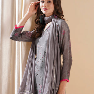 Ethnic Printed Cutdana & Sequins Embroidered Kurta with Sharara & Dupatta - Grey