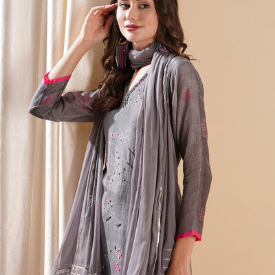 Ethnic Printed Cutdana & Sequins Embroidered Kurta with Sharara & Dupatta - Grey