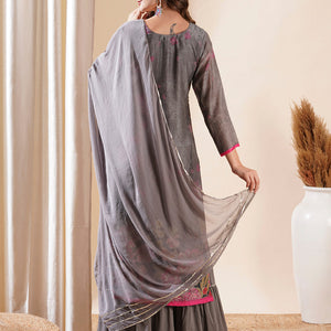 Ethnic Printed Cutdana & Sequins Embroidered Kurta with Sharara & Dupatta - Grey