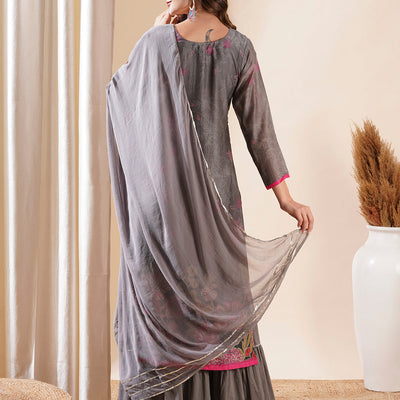 Ethnic Printed Cutdana & Sequins Embroidered Kurta with Sharara & Dupatta - Grey