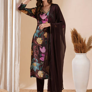 Floral Printed Sequins Aari Embroidered Kurta with Pants & Dupatta - Brown