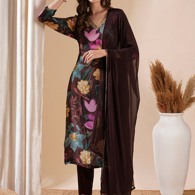 Floral Printed Sequins Aari Embroidered Kurta with Pants & Dupatta - Brown