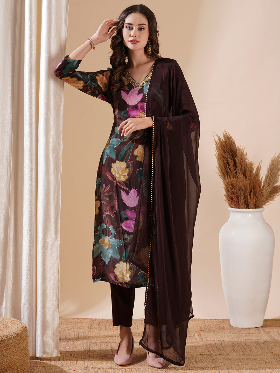 Floral Printed Sequins Aari Embroidered Kurta with Pants & Dupatta - Brown