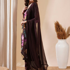 Floral Printed Sequins Aari Embroidered Kurta with Pants & Dupatta - Brown