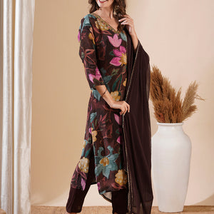Floral Printed Sequins Aari Embroidered Kurta with Pants & Dupatta - Brown