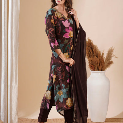 Floral Printed Sequins Aari Embroidered Kurta with Pants & Dupatta - Brown