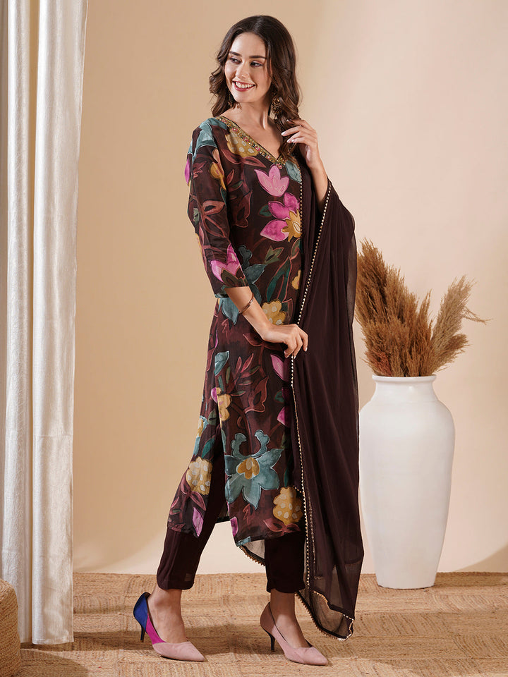 Floral Printed Sequins Aari Embroidered Kurta with Pants & Dupatta - Brown