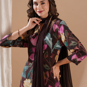 Floral Printed Sequins Aari Embroidered Kurta with Pants & Dupatta - Brown