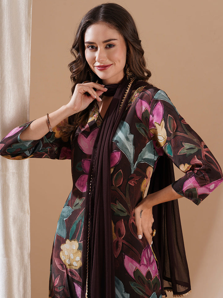 Floral Printed Sequins Aari Embroidered Kurta with Pants & Dupatta - Brown