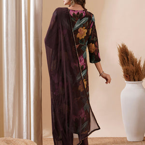 Floral Printed Sequins Aari Embroidered Kurta with Pants & Dupatta - Brown