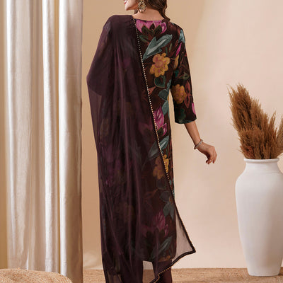 Floral Printed Sequins Aari Embroidered Kurta with Pants & Dupatta - Brown