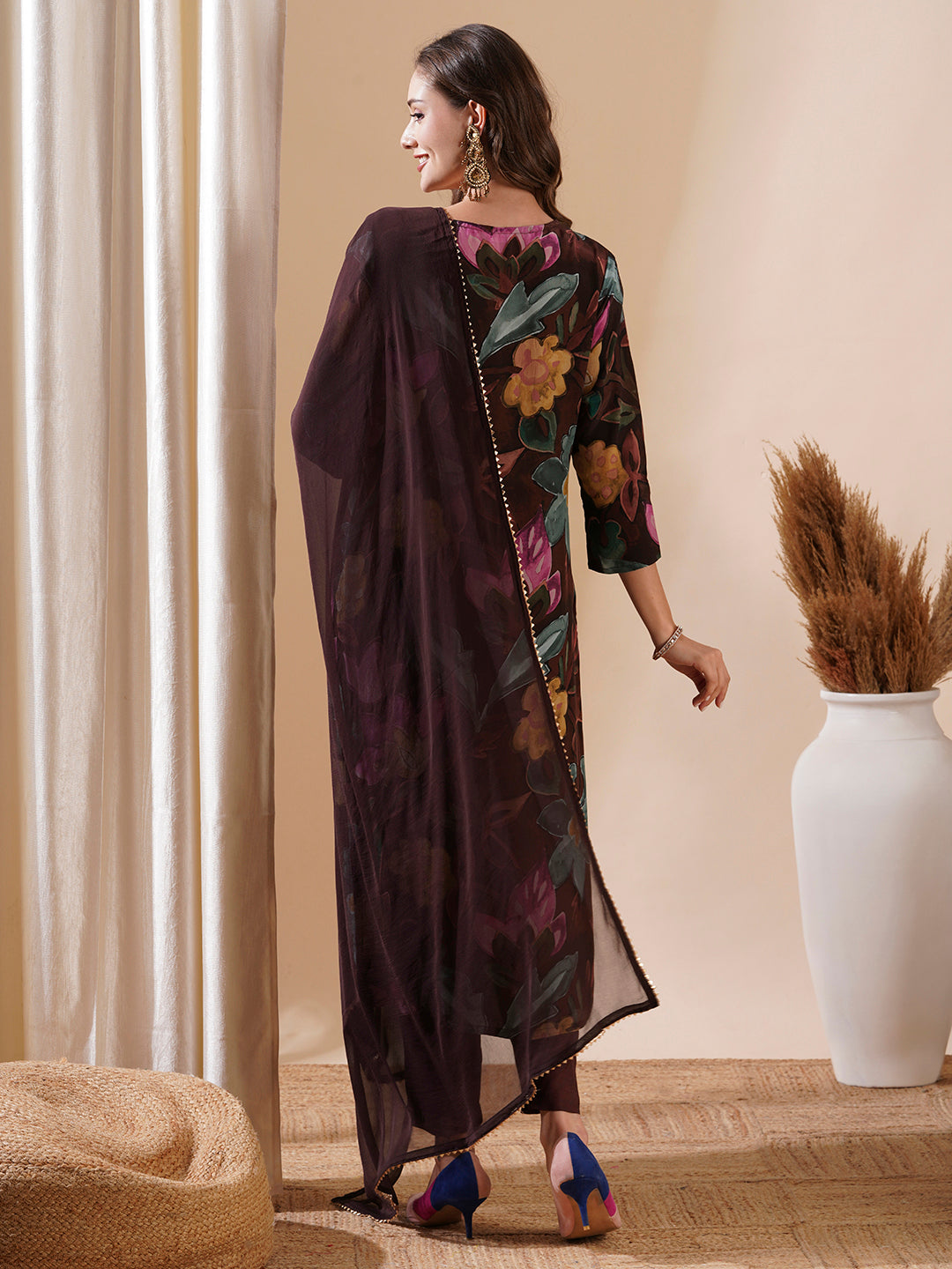 Floral Printed Sequins Aari Embroidered Kurta with Pants & Dupatta - Brown