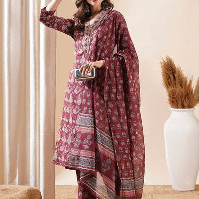 Floral Block Printed Mirror & Zari Embroidered Kurta with Pants & Dupatta - Maroon