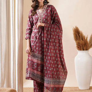 Floral Block Printed Mirror & Zari Embroidered Kurta with Pants & Dupatta - Maroon