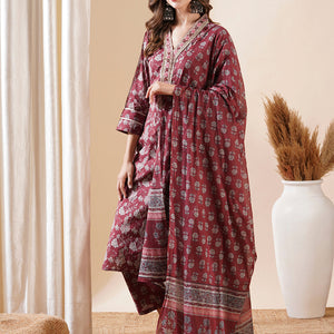 Floral Block Printed Mirror & Zari Embroidered Kurta with Pants & Dupatta - Maroon