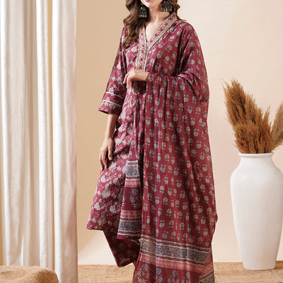 Floral Block Printed Mirror & Zari Embroidered Kurta with Pants & Dupatta - Maroon