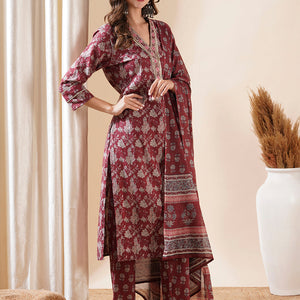 Floral Block Printed Mirror & Zari Embroidered Kurta with Pants & Dupatta - Maroon