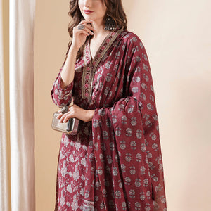 Floral Block Printed Mirror & Zari Embroidered Kurta with Pants & Dupatta - Maroon