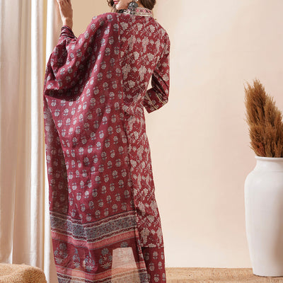 Floral Block Printed Mirror & Zari Embroidered Kurta with Pants & Dupatta - Maroon