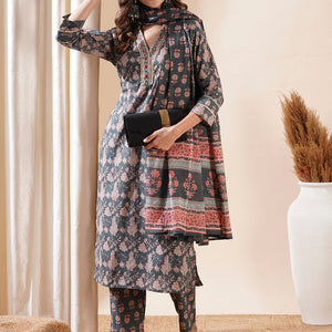 Floral Block Printed Mirror & Zari Embroidered Kurta with Pants & Dupatta - Grey