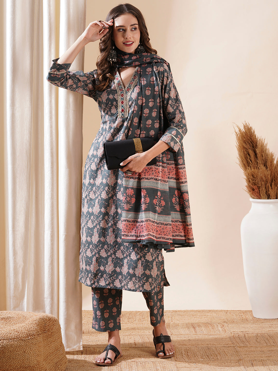 Floral Block Printed Mirror & Zari Embroidered Kurta with Pants & Dupatta - Grey