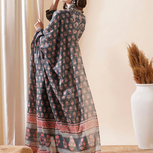Floral Block Printed Mirror & Zari Embroidered Kurta with Pants & Dupatta - Grey