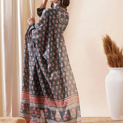 Floral Block Printed Mirror & Zari Embroidered Kurta with Pants & Dupatta - Grey