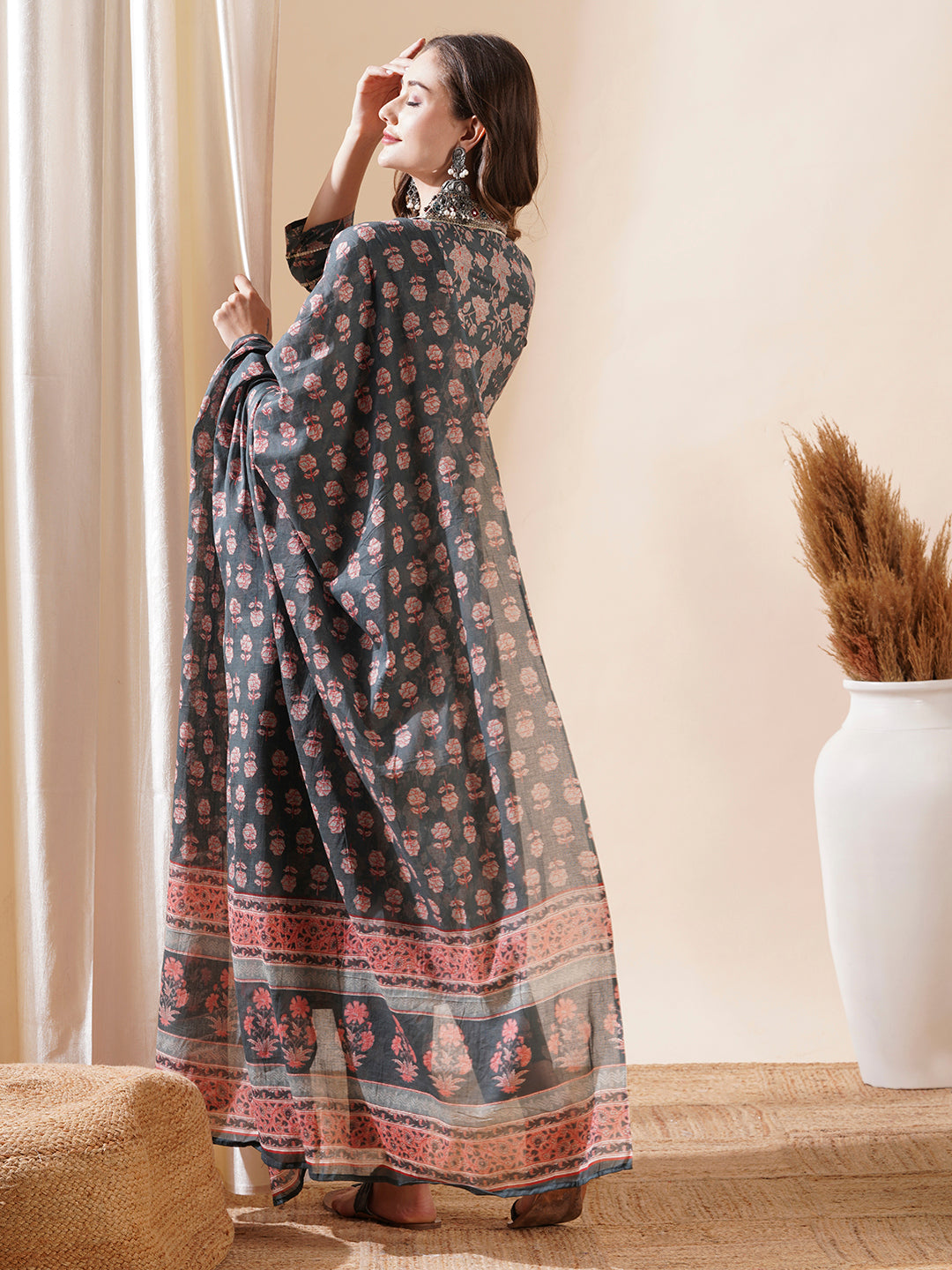 Floral Block Printed Mirror & Zari Embroidered Kurta with Pants & Dupatta - Grey