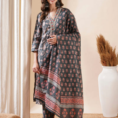 Floral Block Printed Mirror & Zari Embroidered Kurta with Pants & Dupatta - Grey