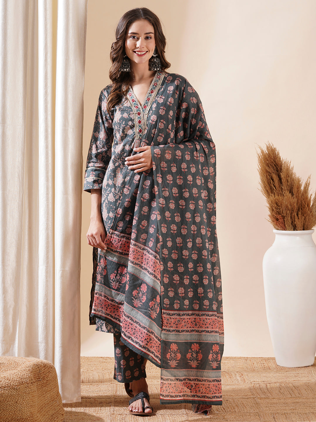 Floral Block Printed Mirror & Zari Embroidered Kurta with Pants & Dupatta - Grey