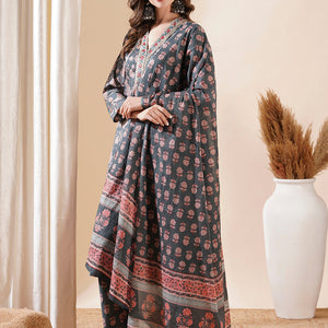 Floral Block Printed Mirror & Zari Embroidered Kurta with Pants & Dupatta - Grey