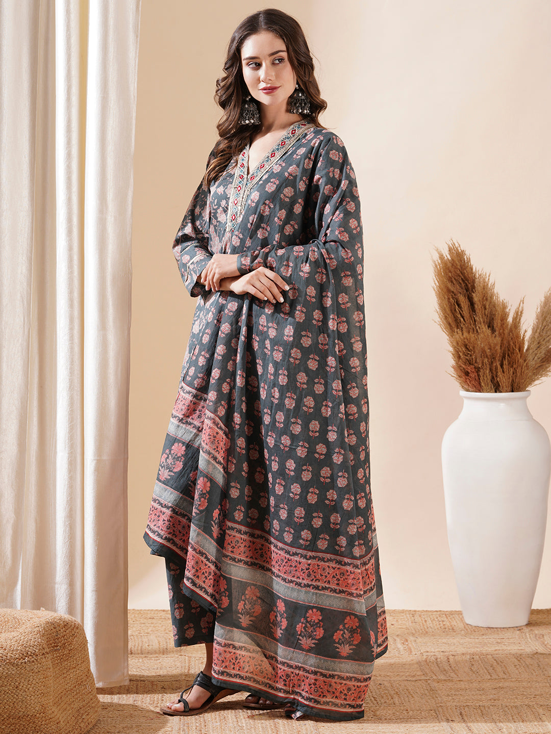 Floral Block Printed Mirror & Zari Embroidered Kurta with Pants & Dupatta - Grey