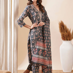 Floral Block Printed Mirror & Zari Embroidered Kurta with Pants & Dupatta - Grey