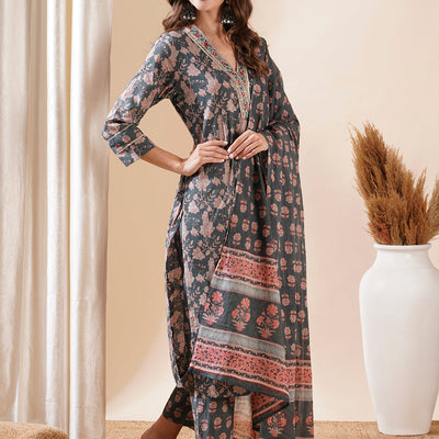 Floral Block Printed Mirror & Zari Embroidered Kurta with Pants & Dupatta - Grey