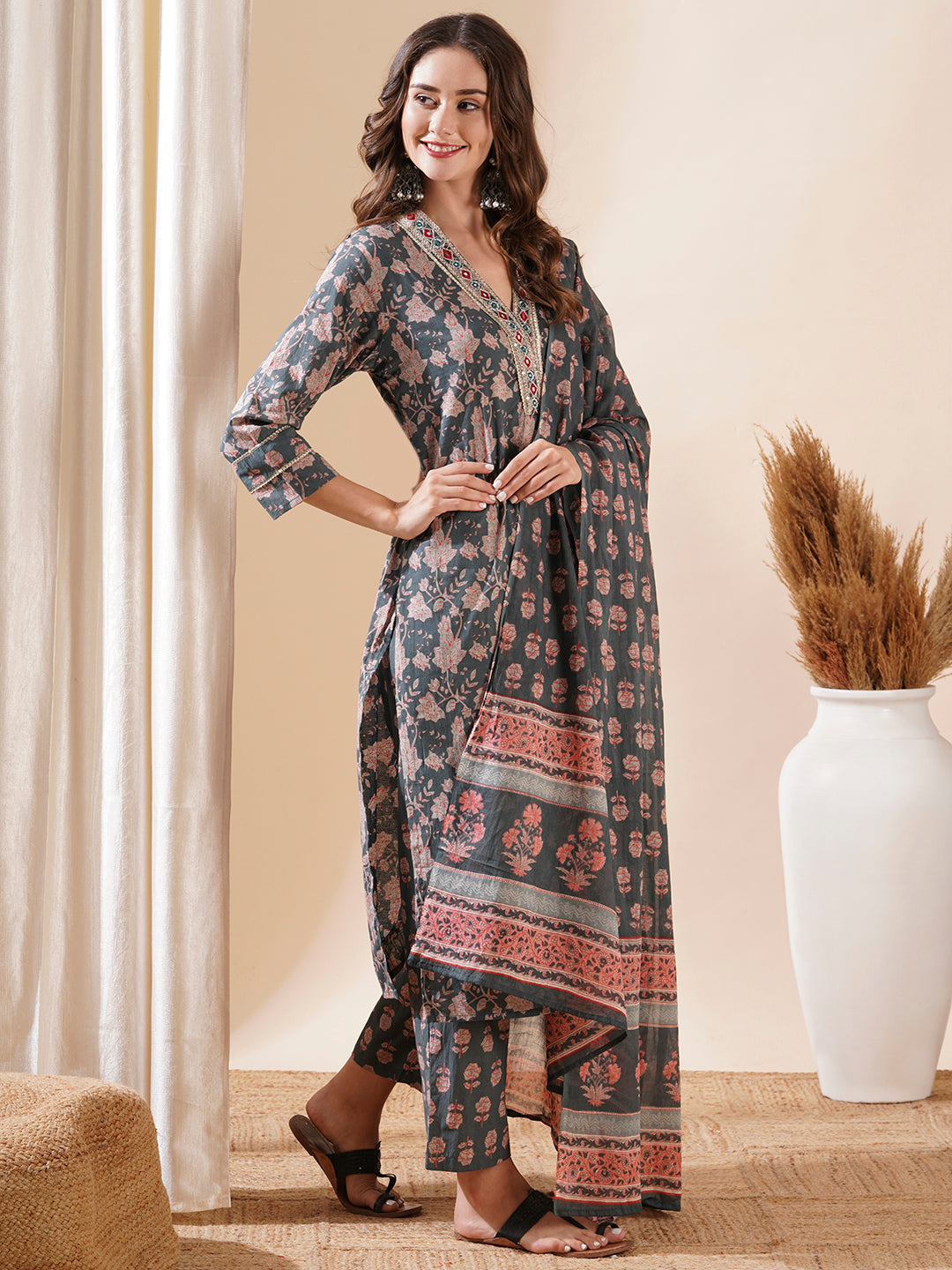 Floral Block Printed Mirror & Zari Embroidered Kurta with Pants & Dupatta - Grey